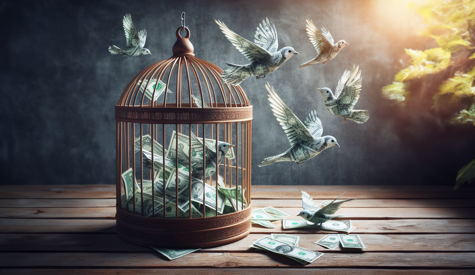 birds made of money fly from a cage